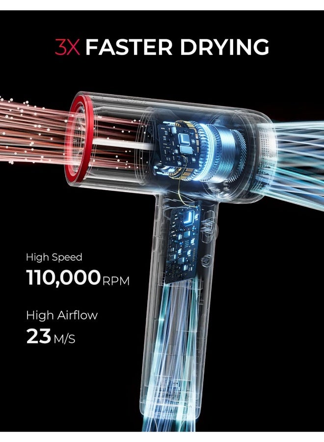 TYMO مجفف شعر أيوني - مجفف شعر بقوة 100 مليون أيون سالب و 23م/ث قوة هواء قوية، خفيف جداً بوزن 380غ فقط، محرك بدون فرشاة بسرعة 110,000 دورة في الدقيقة، 12 وضعية مدمجة، للاستخدام المنزلي والسفر، AIRHYPE LITE - Image 2